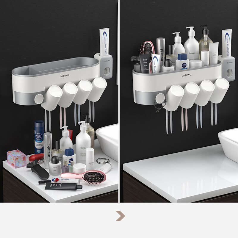 Bathroom Accessories Sets Magnetic Toothbrush Holder With Cup Toothpaste Dispenser Toiletries Storage Rack Toothpaste Squeezer