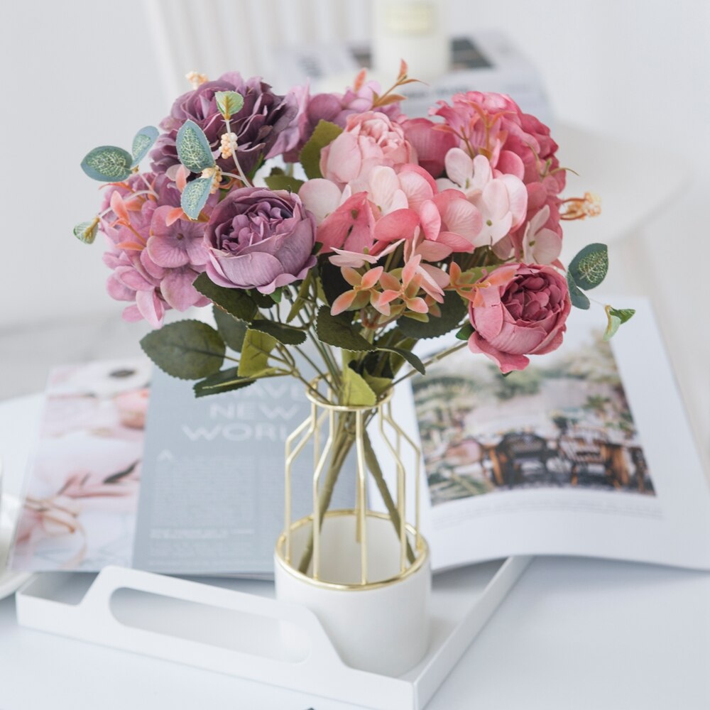 5 buntar rosa pionbukett konstgjorda blommor heminredningstillbehör bordsdukning bröllop dekorativ blomma