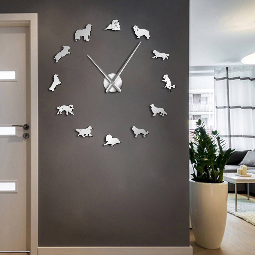 Frameless Cavalier King Charles Spaniel 3D DIY Wall Clock Dog Pet Puppy Shop Wall Art Deco Stickers For Living Room: Silver / 27inch