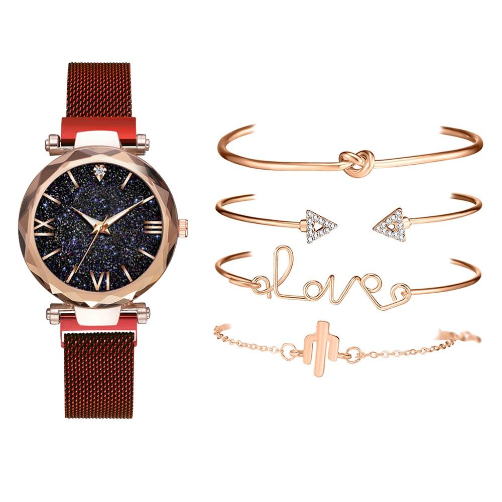 5Pcs Set Luxe Vrouwen Horloges Magnetische Sterrenhemel Vrouwelijke Klok Quartz Horloge Dames Polshorloge Relogio Feminino: Red 5pcs Set
