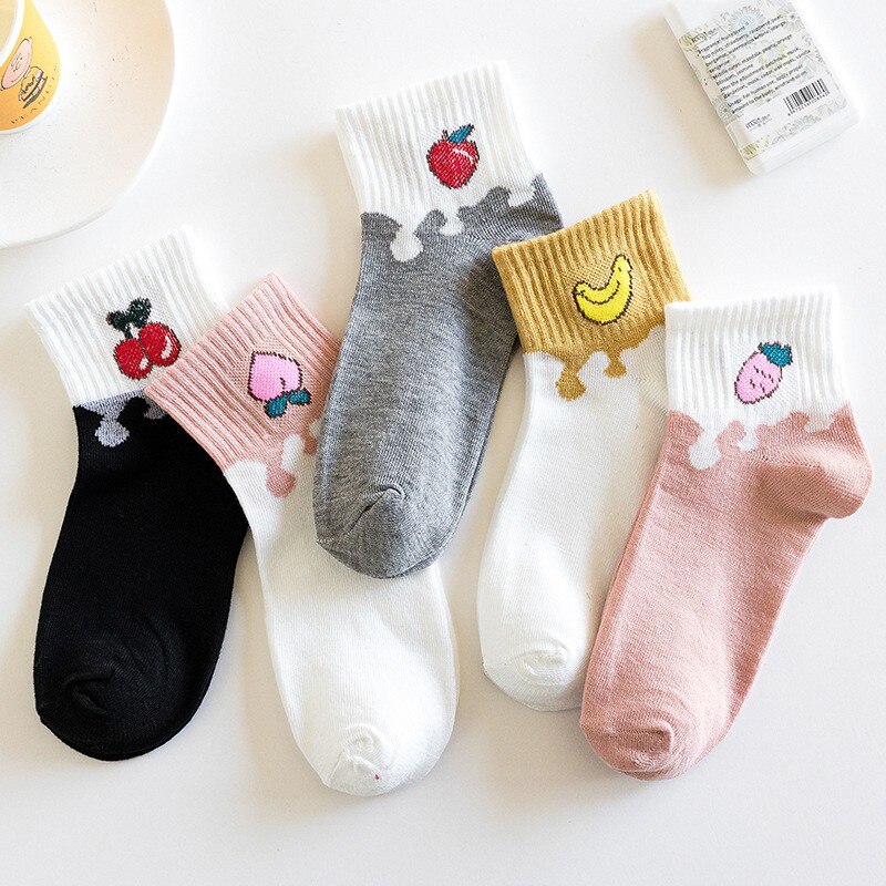 5 Pairs Cow Printed Socks Cute Harajuku Cotton Women Socks Striped Solid Breathable Casual Girls Short Socks: fruit