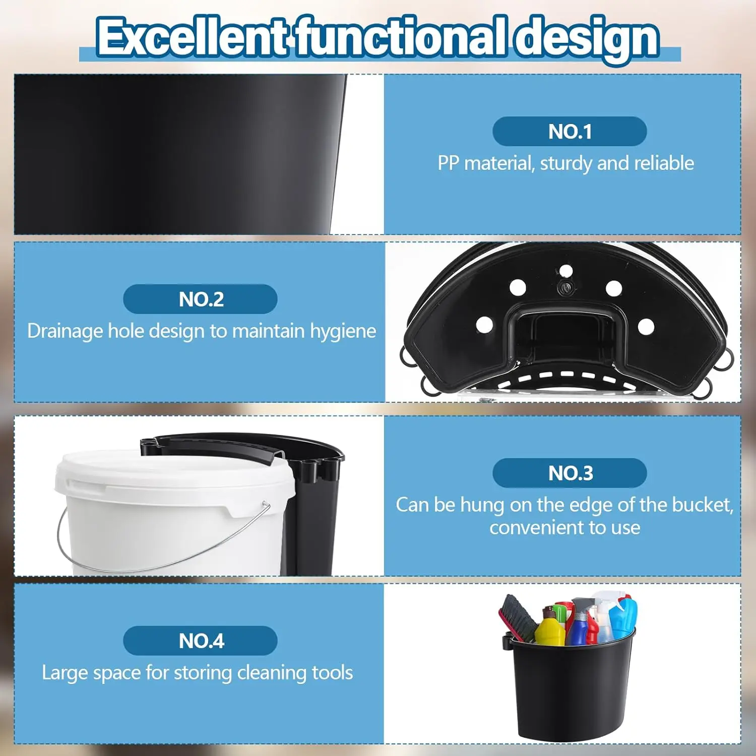 4 stk. bilpleiebøtte, bærbar bilvaskebøtte, multifunksjonell nal, hengende organizer for tilbehør, piknikverktøy, svart