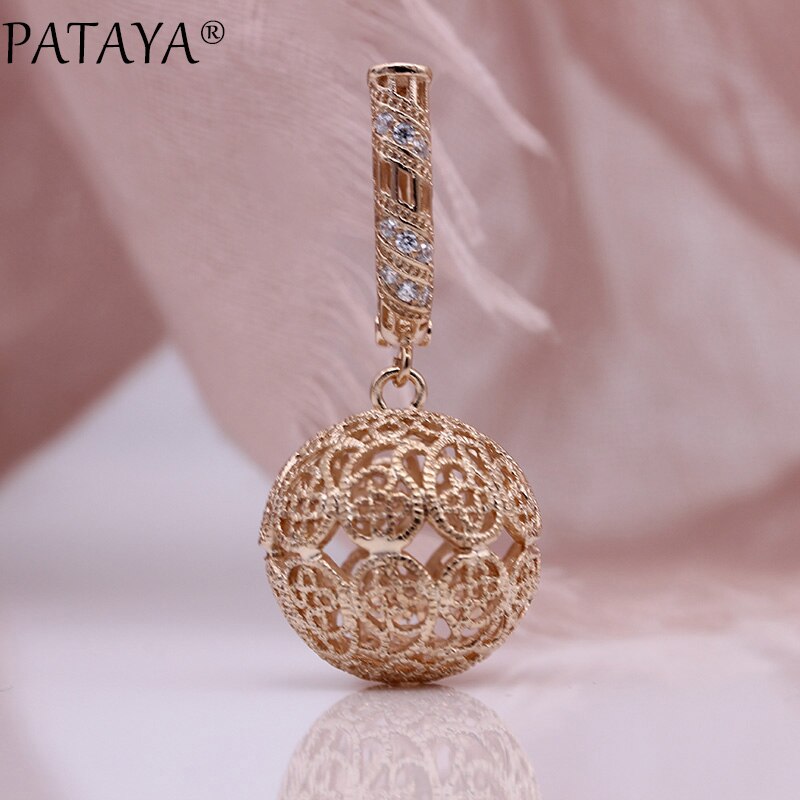 PATAYA Neue Große Muster Hohl Lange Ohrringe 585 Rose Gold Frauen Schmuck Weiß Natürliche Zirkon Geschnitzte Einzigartige Ohrringe