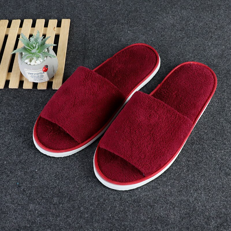 Disposable Slippers Hotel Open Toe Slides Close Toe Non-slip Travel Indoor Guest Slippers Portable Coral fleece Shoes 10 Pairs: Red2