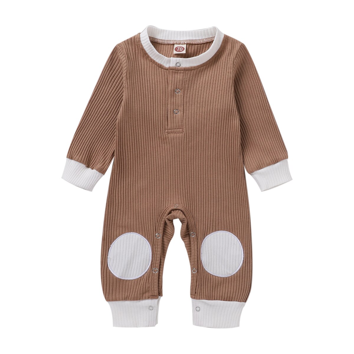 Mise au point automne bébé garçons barboteuse filles solide Patchwork manches longues bouton combinaisons 0-18M 4 couleurs: Marron / 3M