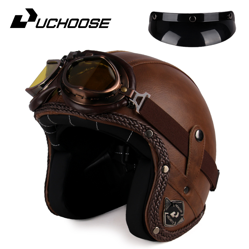 UCHOOSE retro Motorradhelm PU Leder offen Gesicht 3/4 Zerhacker Fahrradhelme klassisch Casco Moto Jahrgang