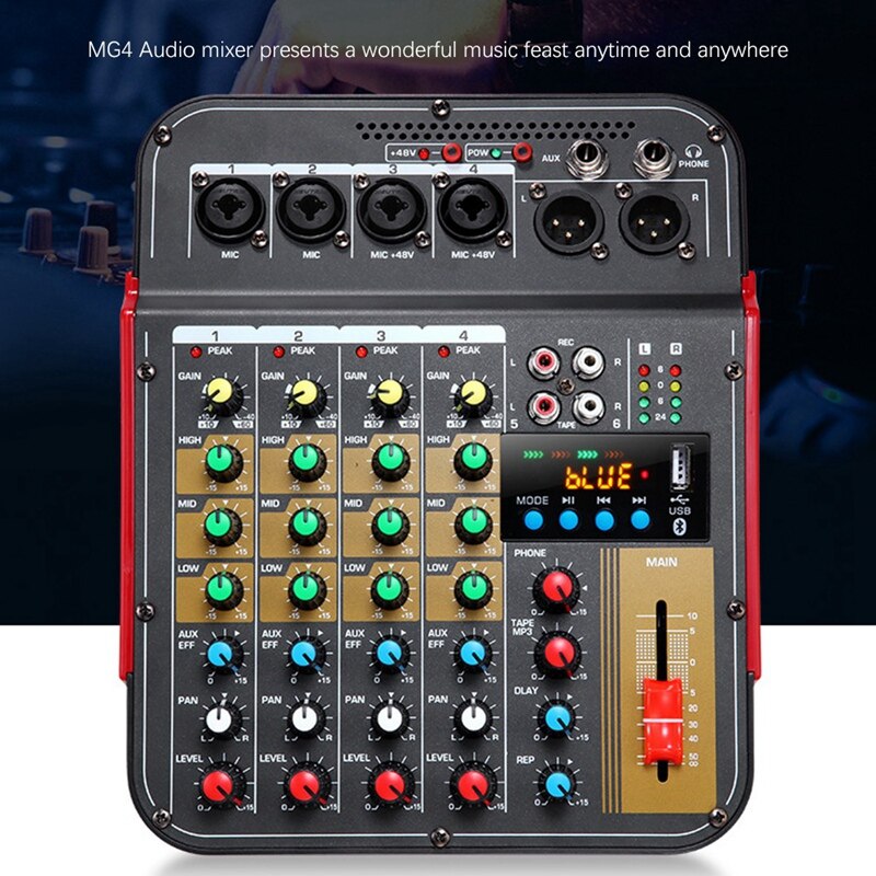 Digital 4-Channel Audio Mixer Console Mixing Console Built-in 48V Phantom Power with BT Function-US Plug