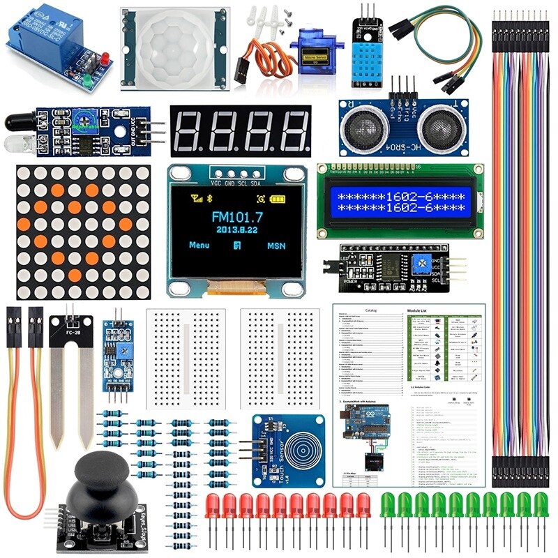 Mool adequado para arduino kit módulo sensor, com 0.96 Polegada oled 1602 display lcd, relé, servo motor, dht11, kit básico: Default Title