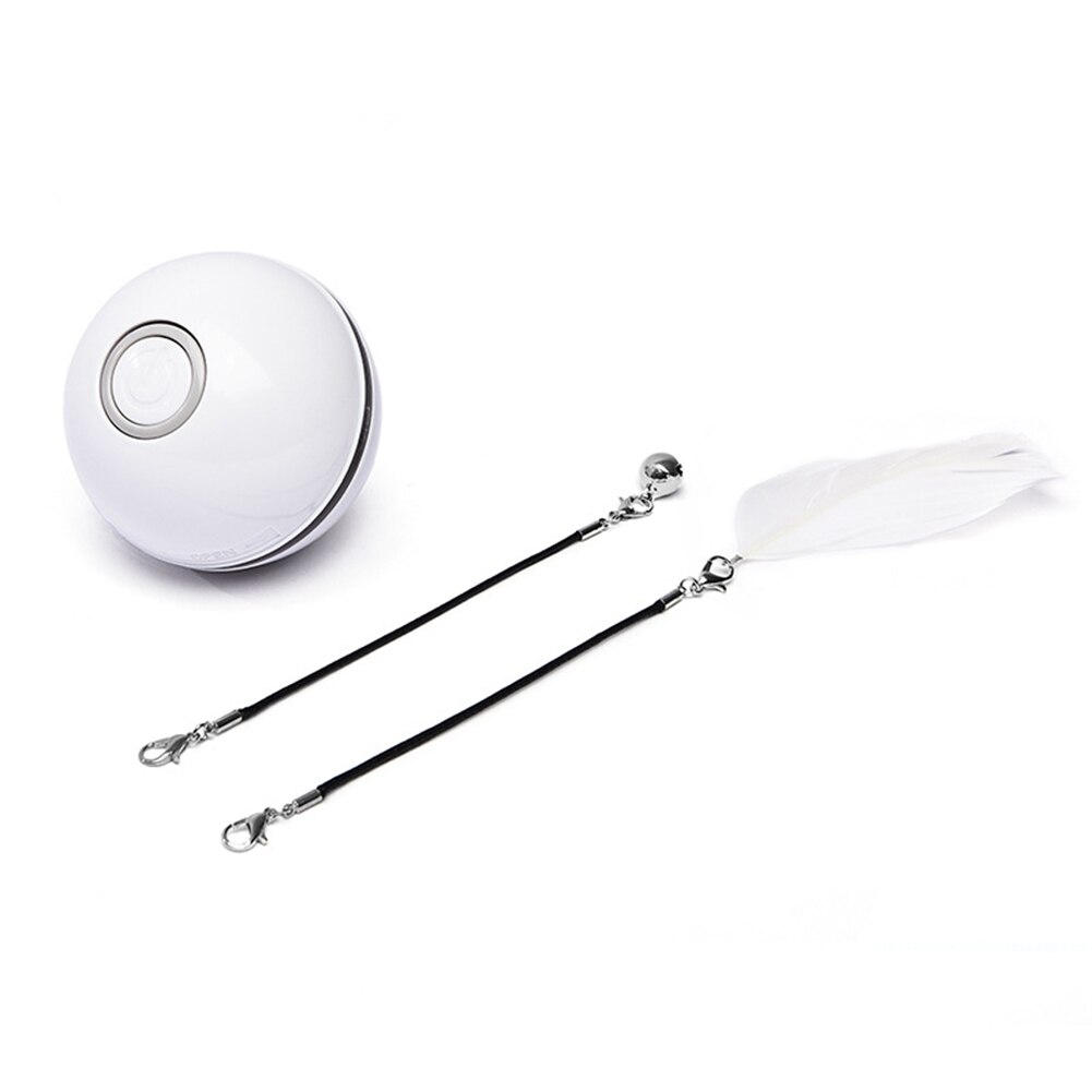 Juguete interactivo para gatos con carga USB, bola giratoria automática, juguete de plumas, LED/campana integrada: Blanco