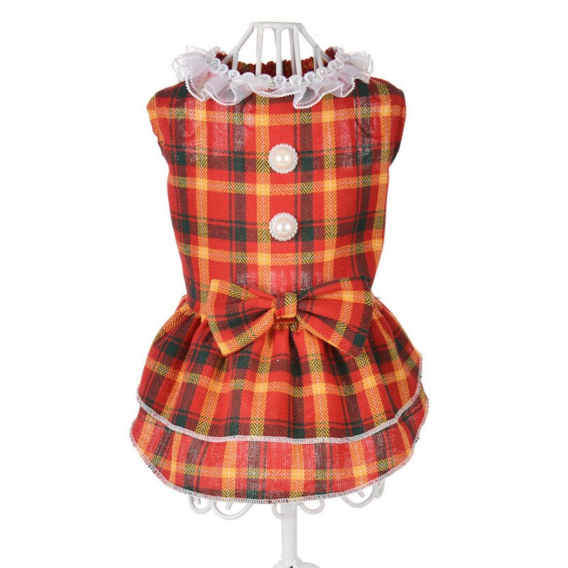 Puppy Plaid Dog Dress with Pearl Button Cute Dog Skirt Pet Cat Princess Apparel Clothes Party Dress for Small Dogs Robe Chien