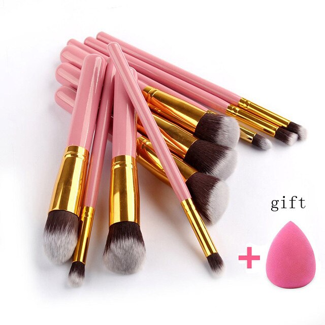 Conjunto de brochas de maquillaje 10 Uds., brochas profesionales para base en polvo, sombra de ojos, cosmética, pelo sintético suave: Pink Gold