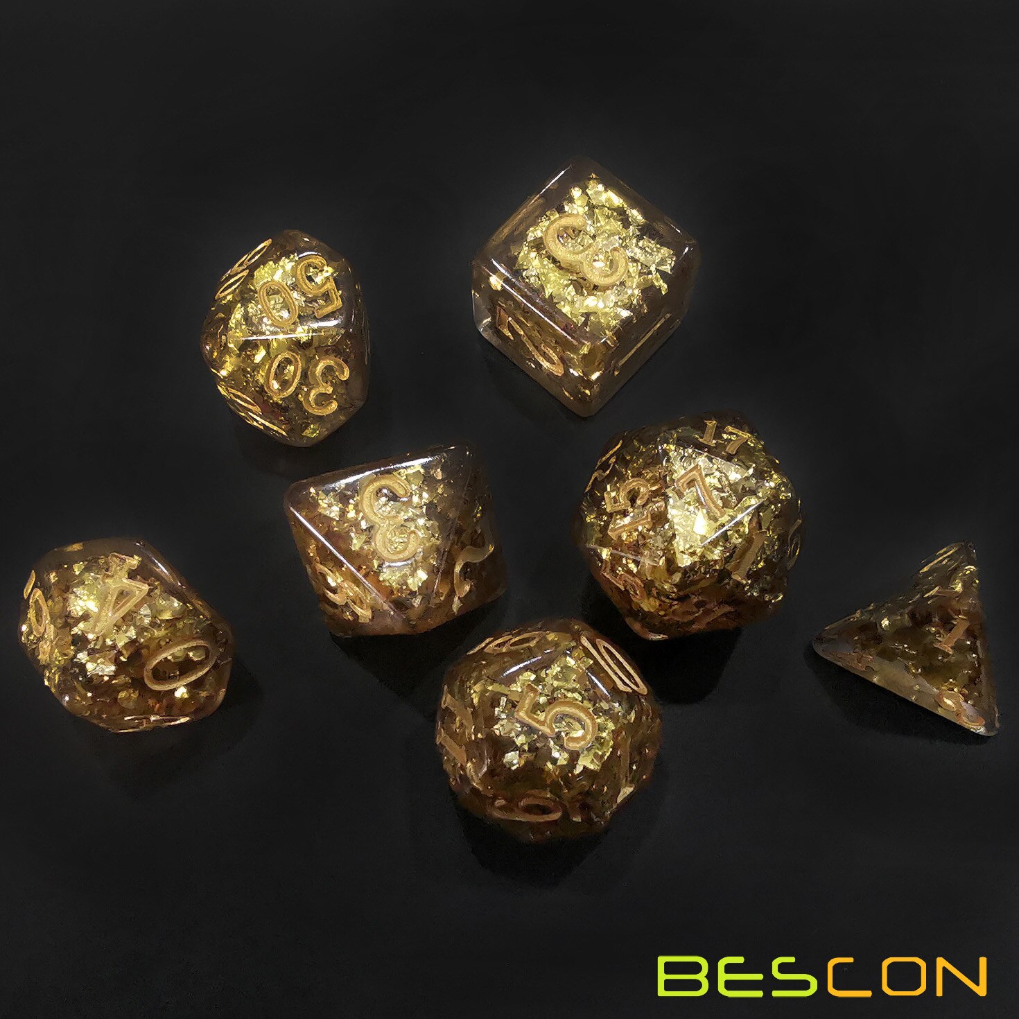 Bescon Dense-Core Polyhedral Dice Set of Golden, RPG 7-dice Set in Brick Box Packing