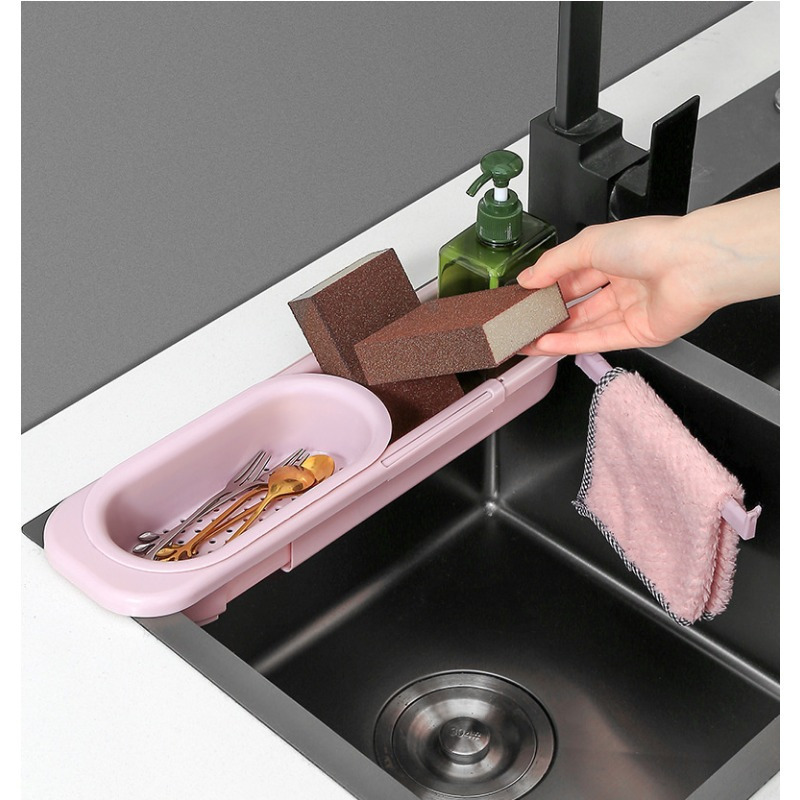 Verstelbare lengte aanrecht afvoermand afdruiprek voor zeep handdoekenrek levering keukenaccessoires plank opbergrek: Roze