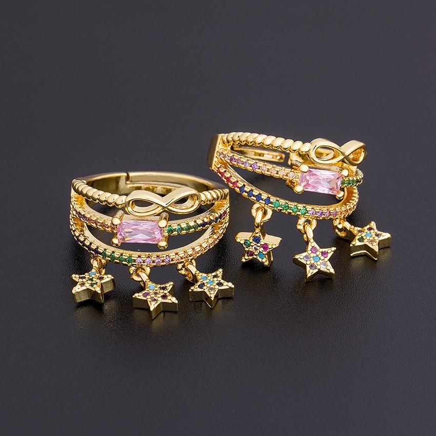 Pentagram Crystal Star Ring Copper Zircon Multilayer Adjustable Rings For Women Party Valentine&#39;s Day Jewelry