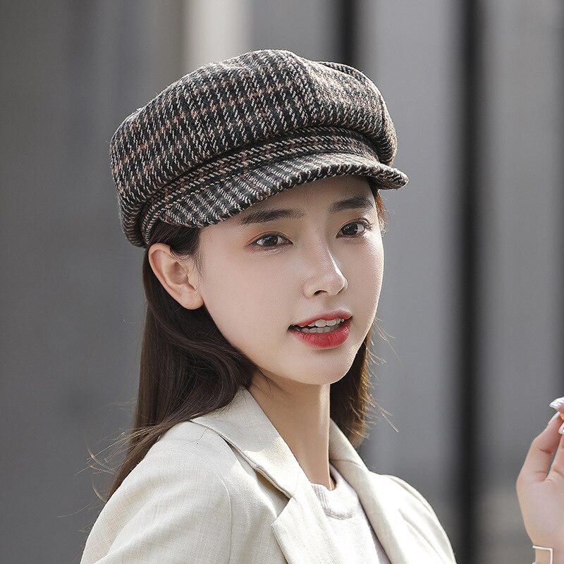 Foux-Gorras a rayas a cuadros para mujer, gorro de , coreana,: Gris oscuro