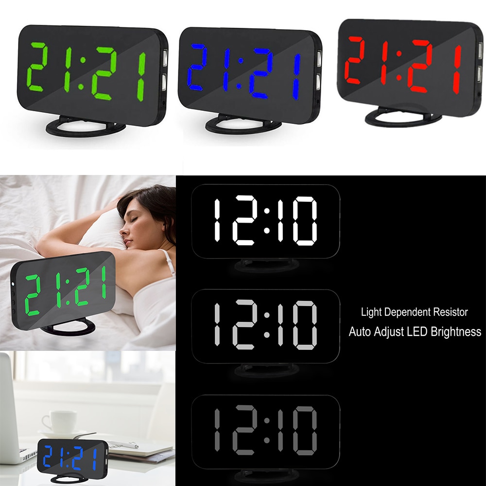 Digital Alarm Clock LED Mirror Clock Multifunction Snooze Display Time Night LCD Light Table Desktop USB Cable