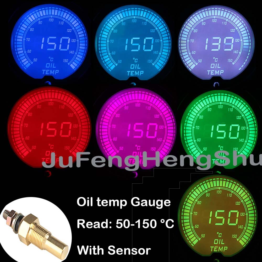 52mm Car Gauge 12V Oil Temperature Water Temp Turbo Boost Volt fuel Pressure Auto Gauges 7 Color Light Digital Meter + Sensor
