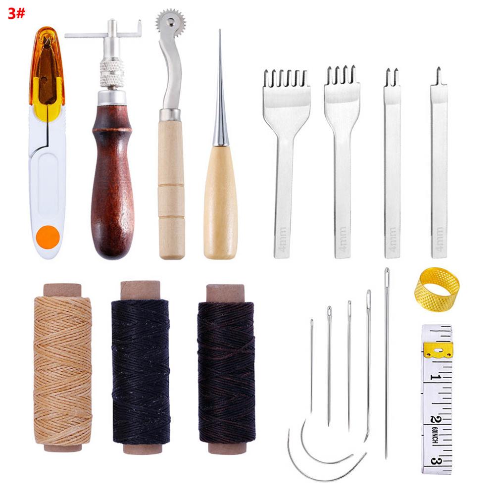 Leather Craft Hand Stitching Sewing Tools Kit Waxed Thread Awl Thimble Scissors Needles Ruler Set DIY Manual Leathercraft: 3