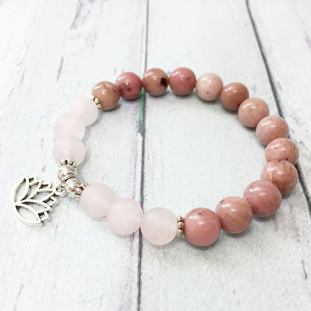 Bracelet fille 8 mm Rhodonite mat Rose Quart z Bracelet Lotus Chram Yoga équilibre bijoux