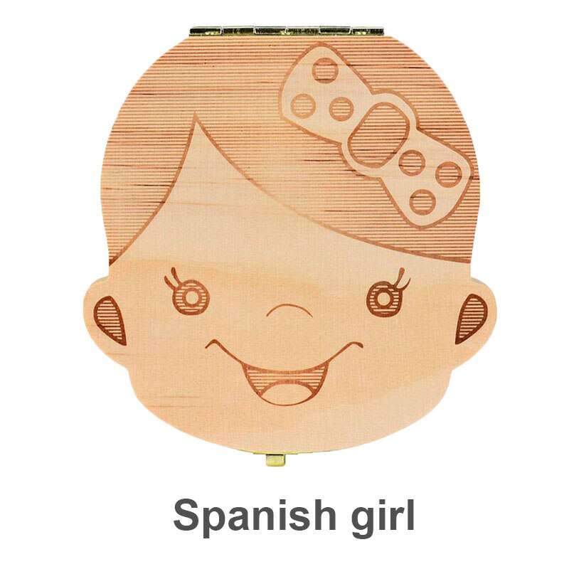 Houten Baby Tand Doos Russisch/Engels/Spaans Jongen Meisje Kinderen Tand Organizer Verzamelen Tanden Opbergdoos: Spanish girl