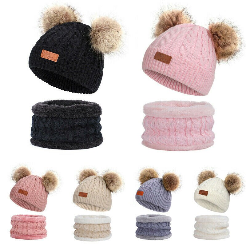 Baby Knit Hoed Meisje Hoed Set Dubbele Haarbal Cap 2 Stuks Warm Jongen Wollen Muts Sjaal Winter Accessoires Beanie skullies Gorro 0-3 Jaar