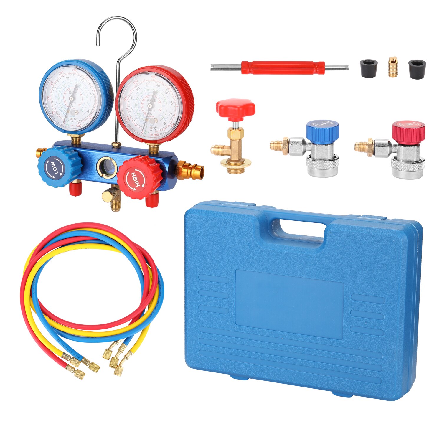 YS-025 Refrigerant Gauge Kit Manifold Dual Gauges Set Refrigeration Equipment Pressure Measuring Tool Kit with 3 Recharge Hoses: Blue