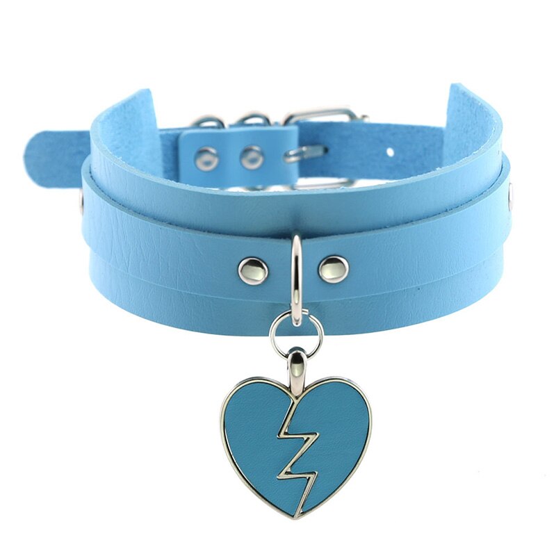 Weibliche Breite Leder Halsband Verstellbare Halsketten Punk Nacht Club Party Jewely Blitz Liebe Herz Anhänger Kragen Halsketten: Light Blue