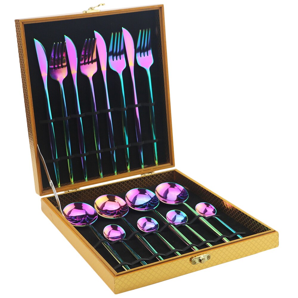 16pcs Luxury Cutlery Set Rainbow Dinnerware Set Stainless Steel Tableware Fork Knife Spoon Dinner Set Silverware With Box