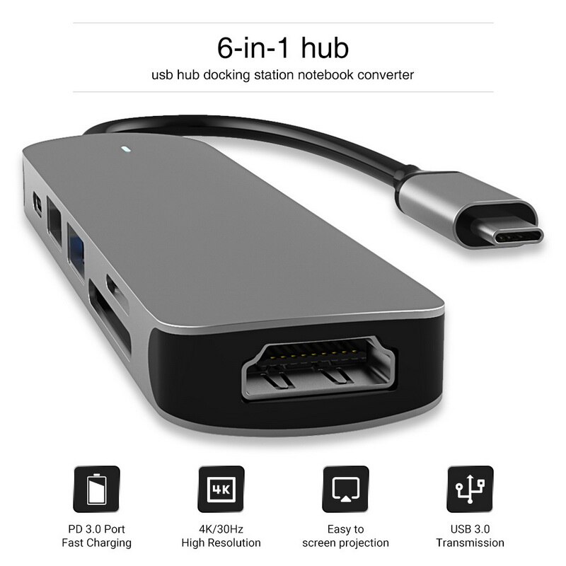 6-In-1 Type-C Usb 3.0 Hub Multifunctionele Adapter Usb C Hub Met Gigabit Ethernet-poort/Sd/Tf Kaartlezer Voor Pc Laptop