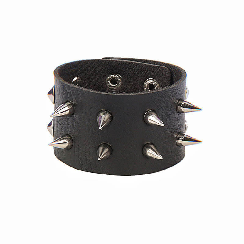 90s Punk Leather Bracelet for Men Women Rivet Cuff Bangle Bracelet Adjustable Black Leather Wristband with Metal Studded Jewelry: Gold-color