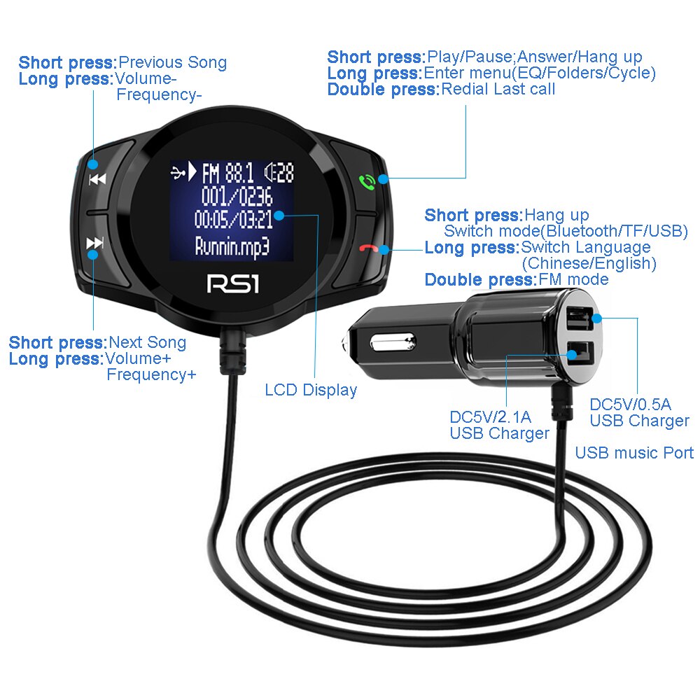 JINSERTA Bluetooth FM Transmitter Car MP3 Player FM Modulator Handsfree Dual USB 2.1A Quick Charger for iPhone X