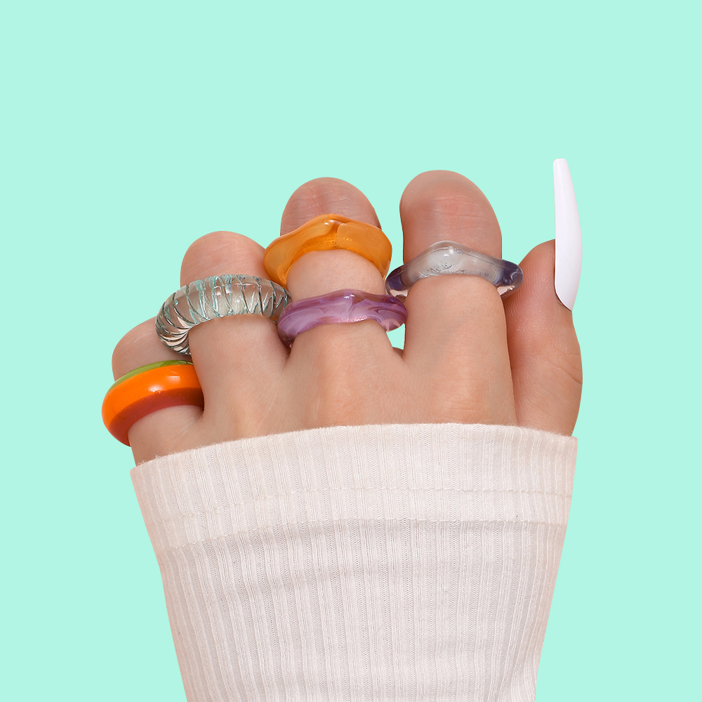 conjunto de anillos de resina acrílica transparente Multicolor geométrico para mujer, anillo de dedo apilable redondo de arcoíris a la , joyería de