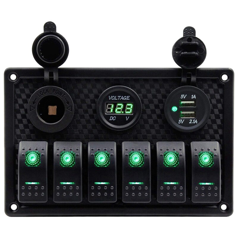 6 Gang Waterproof Marine Boat Rocker Switch Panel with LED Backlight for Car SUV Marine RV Truck Camper Boat: Green LED