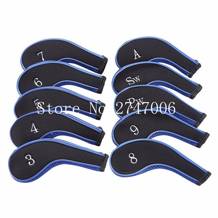 10Pcs Rubber Neoprene Head Cover Golf Club Iron Putter Protect Set Number Printed with Zipper Long Neck Iron Covers: Blue Black