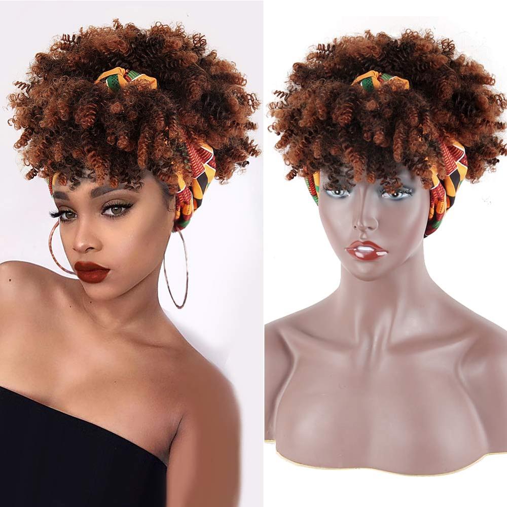 Afro Puff Turban Synthetic Wig Short Kinky Curly Headwrap Drawstring Wrap-wig 2 in 1 Updo Head-Wrap Wig for Black Women: #8