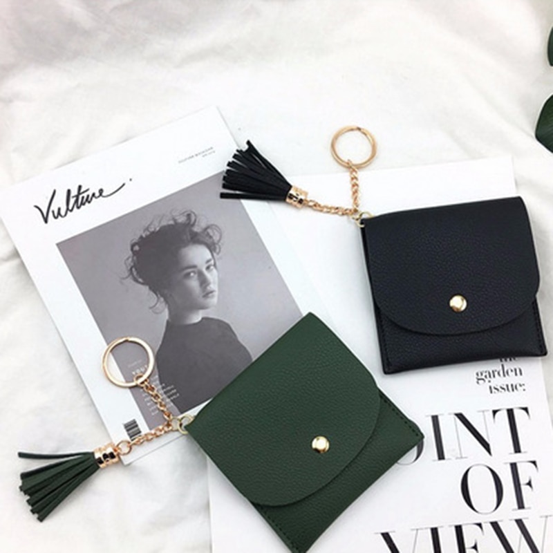 Geldbörsen Frauen Geldbörse Damen Pu Leder Quaste & Metall Ring Kupplung Keychain Dünne Schlüssel Tasche Karte Halfter Mini Beutel