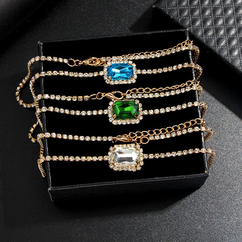 Flatfoosie Square Rhinestone Choker Necklace For Women Gold Color Crystal Chain Necklace Charm Jewelry Party