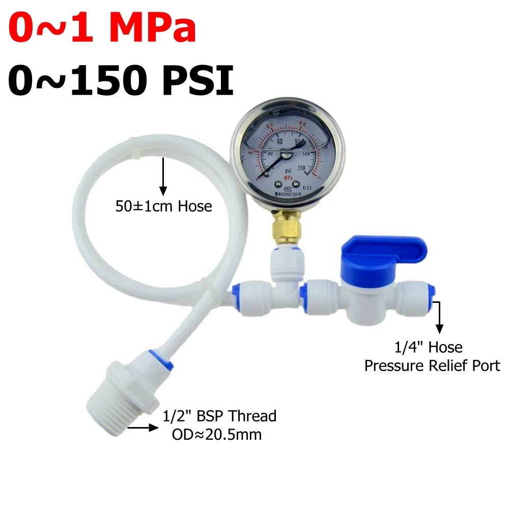 0-1MPa 150PSI RO Water Pressure Gauge Household Tap Water Purifier Test Pressure Relief Gage Regulator 1/4 Pipe Hose 1/2 Thread: black