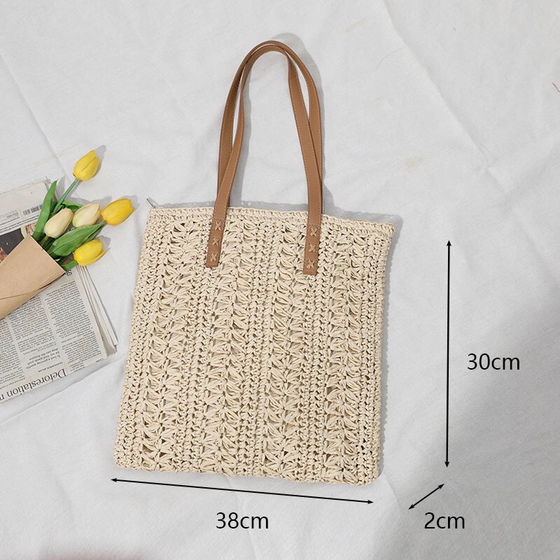 Vierkante Stro Strandtas Handgemaakte Geweven Schoudertas Vrouwen Raffia Shopper Reistas Bohemian Zomervakantie Casual Handtas Totes: d-beige