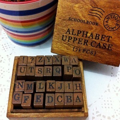Alphabet Stamp Box Lower Case or Upper Case Letter Hand Writing Stamp Antique Wooden Rubber Stamp with Case 28 Characters: Upper case