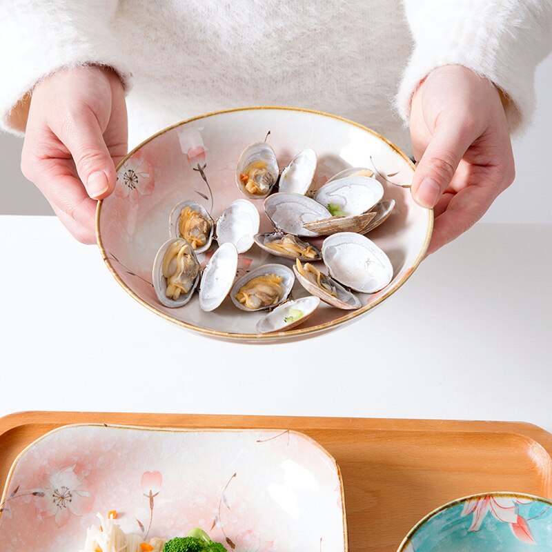 Porcelain Brakfast Dishes Square Round 7inch Deep Plates Household Dinner Sushi Desert Steak Handpainted Plates