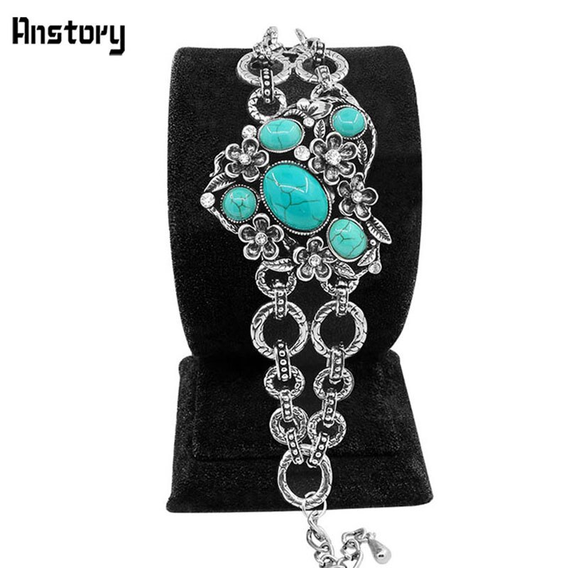 Holle Bloem Hartvorm Blauw Rode Steen Armband Voor Vrouwen Antieke Verzilverd Lock Mode-sieraden TB170