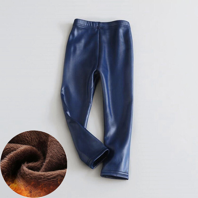 Tjejer faux pu tjocka fleeceleggings tjejer barn resår i midjan varmt läder tjejer söta svarta röda barn barn snygga leggings: Blå / 110cm(4-5 år)