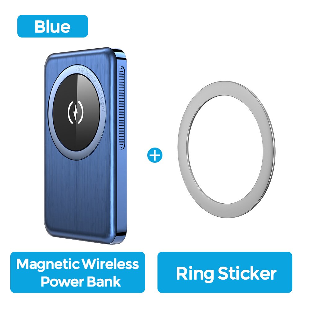 YKZ Magnetic Power Bank PD 20W Fast Charging 10000mAh 15W Wilreles Powerbank External Battery For iPhone12 Pro Max Samsung S21: Blue Iron Sticker