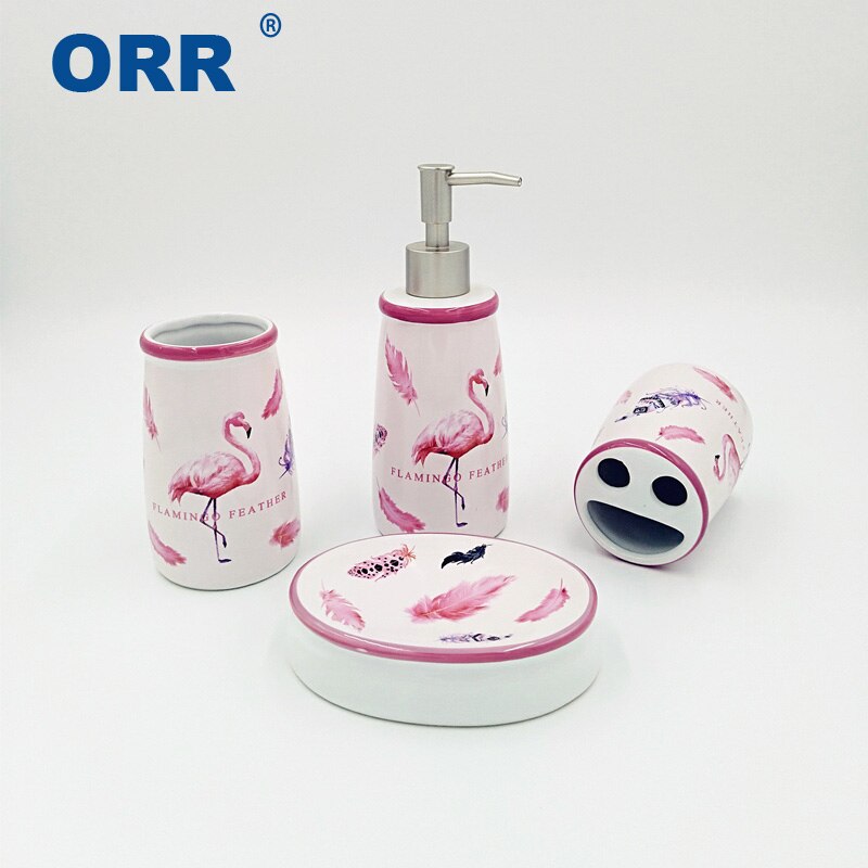 Ceramic Bathroom set Flamingo accessories 4pcs toilet brush toothbrush cup soap dish dispenser ORR