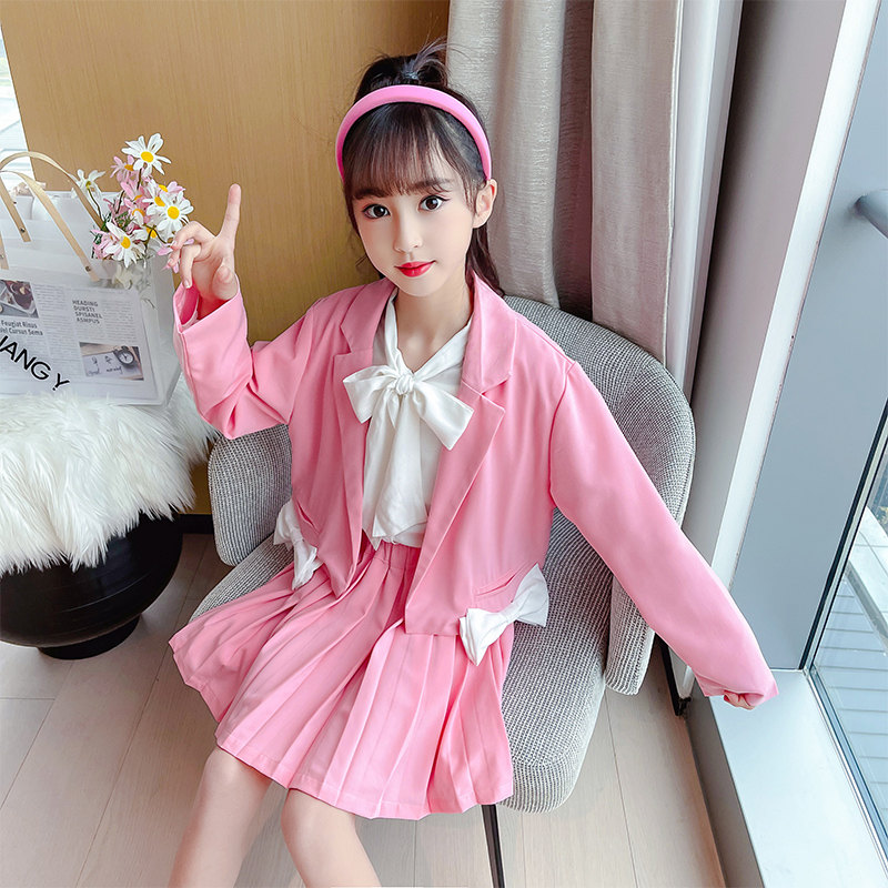 Girls Formal Suit Blazer Jacket+Skirt 2pcs Kids Wedding Party Pink Clothing Sets Teen Girl School Performance Suit 4-13Years Old