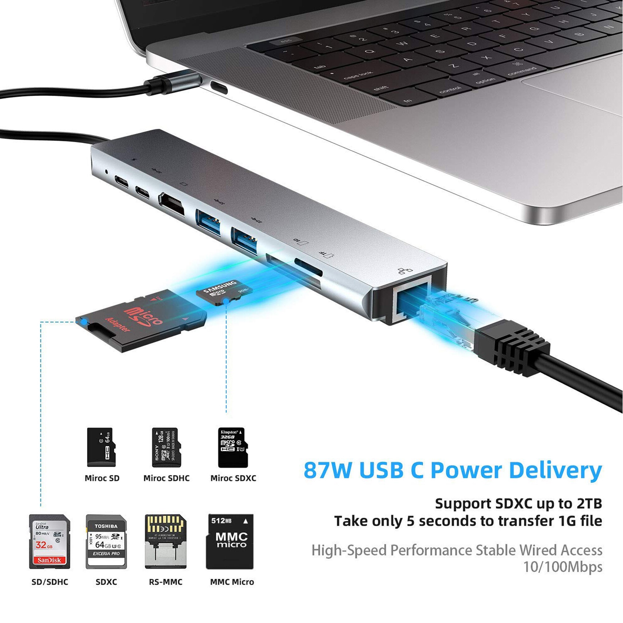 8 in1 Type-C HUB 87W Fast Charge with SD Card Reader Multifunctional Laptop Docking Station