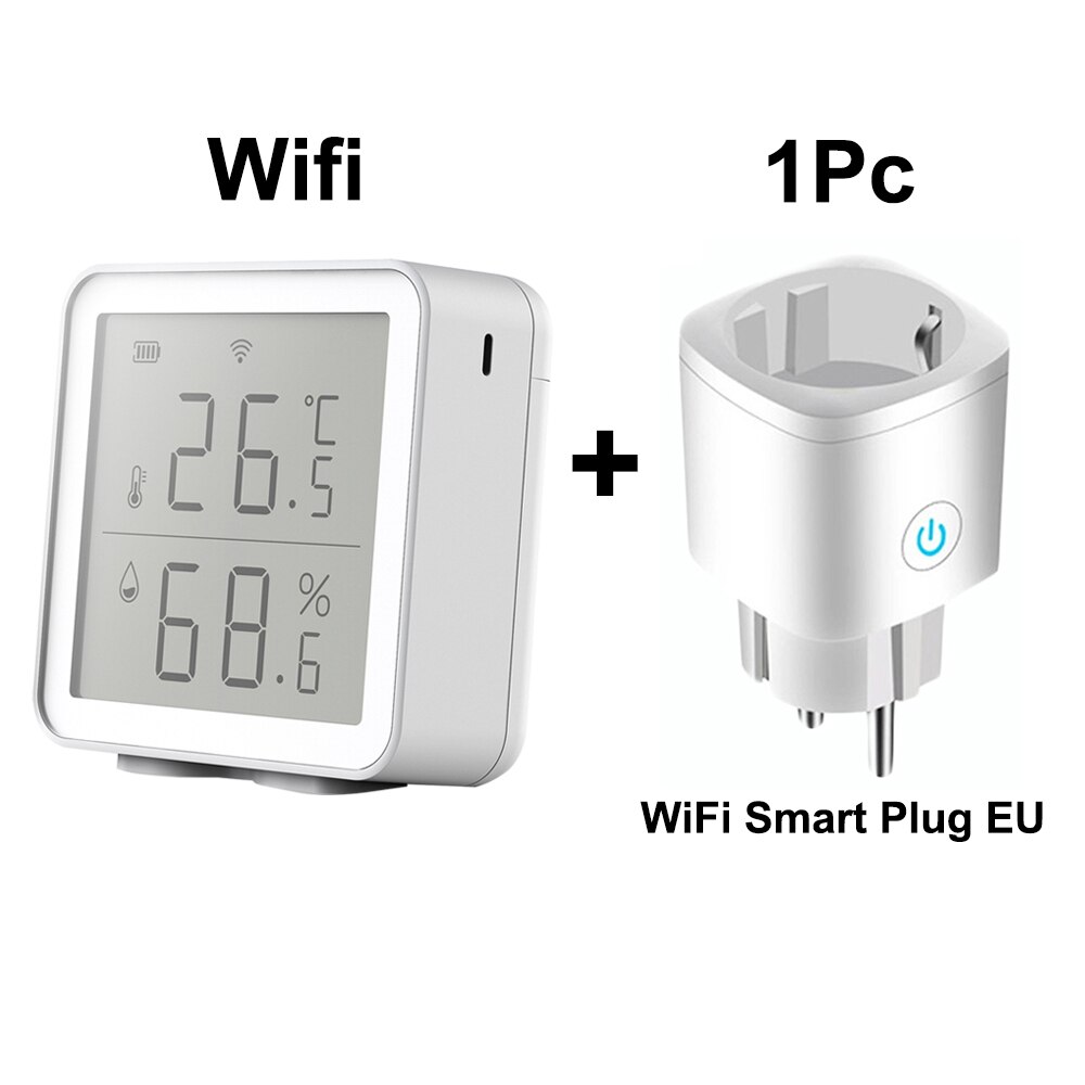 Support Google Home/Alexa Tuya WIFI Temperature And Humidity Sensor With LCD Display Tuya/Smartlife Wireless EU 16A Plug: Sensorx1 Plugx1