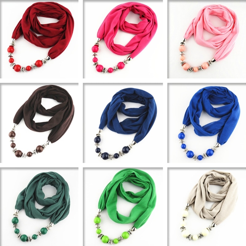 Womens Neckerchief Ring Scarf Necklaces Beads Solid Color Jewelry Shawl