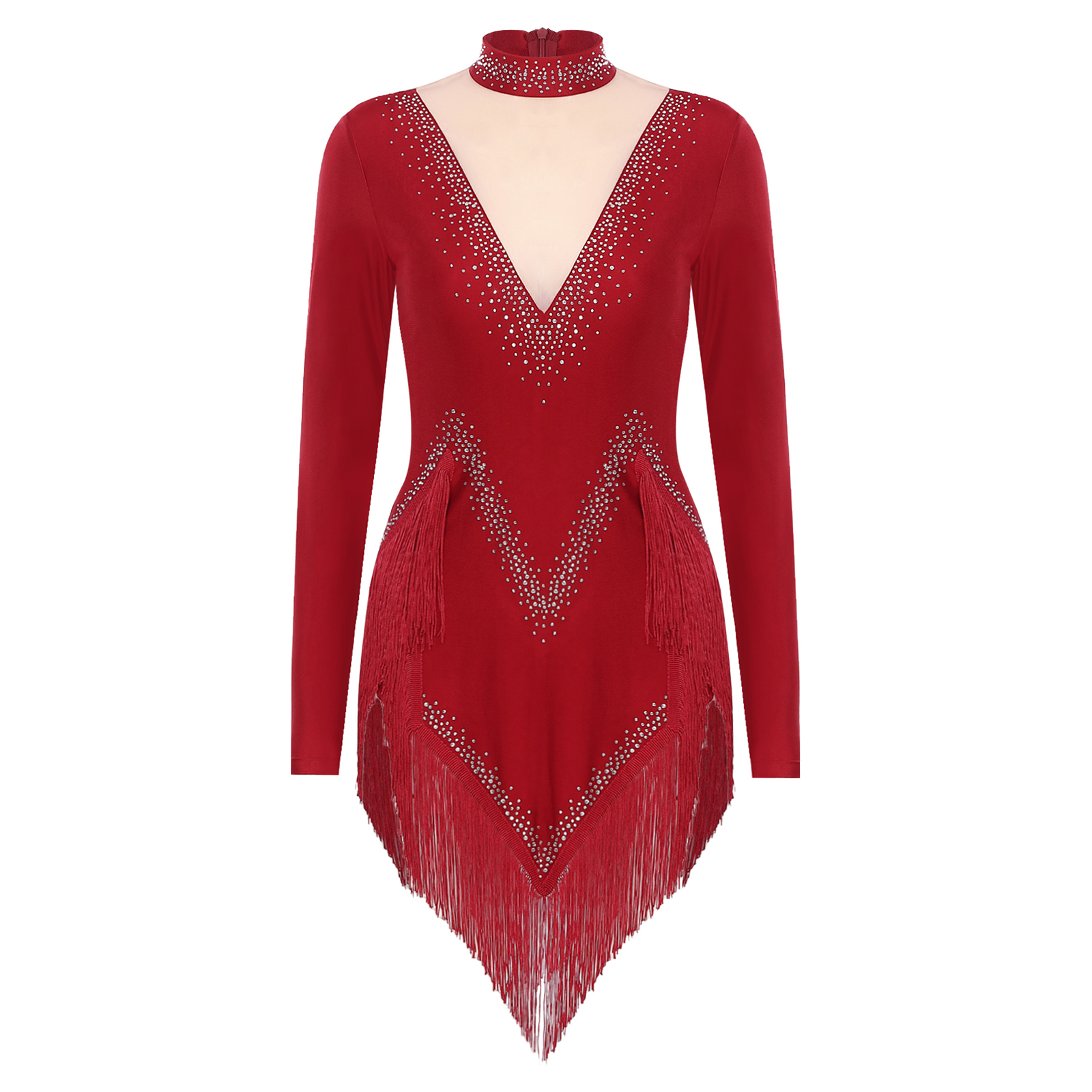Body de danse latine à franges pour femmes, robe justaucorps à manches longues, vêtements de danse Samba Cha Tango, Costume de spectacle sur scène: L / Beige